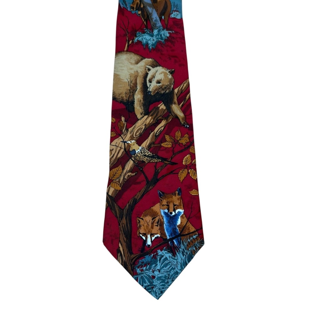 Vintage 1995 World Wildlife Fund Grizzly Bear Fox Owl Nature Menswear 100% Silk - Picture 3 of 7
